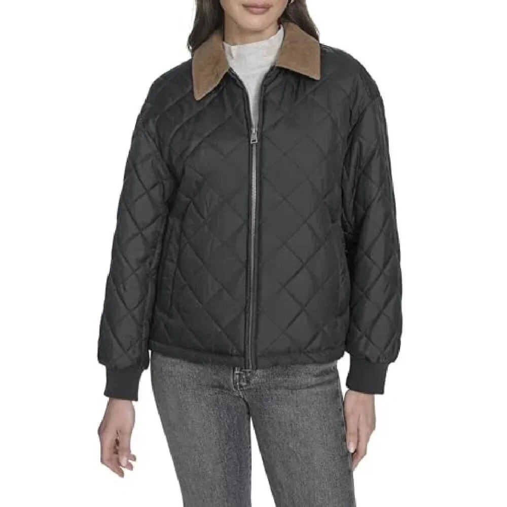 Quilted Diamond Jacket Corduroy Collar Rib Cuffs Zip Front